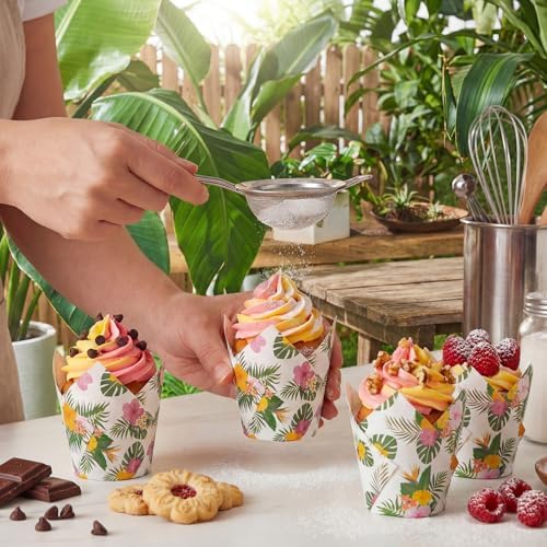 Maxdot 200 Pcs Hawaiian Tulip Cupcake Liners for Baking Palm Leaf Hibiscus Paper Muffin Baking Cups Tropical Luau Tulip Muffin Liners Wrappers for Summer Hawaii Birthday Party