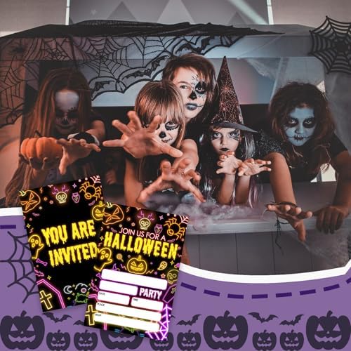 4" x 6" Laser Halloween Party Invitations – Neon Style with 25 Invitations with 25 Envelopes, Double-sided printing, Easy to write on, Perfect for Halloween Parties, Family Parties, and more. - A02