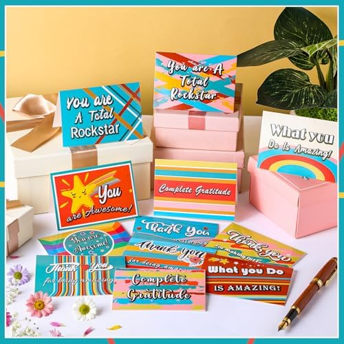 AmazingSpark 120 Pack Thanks You/Happy Birthdays Cards with Envelopes Bulk 12 Designs 4.8 x 6.8'' Assorted Postcards Notes for Business Birthday Back to School Gifts(Macaron,Thank You,120 Kit)