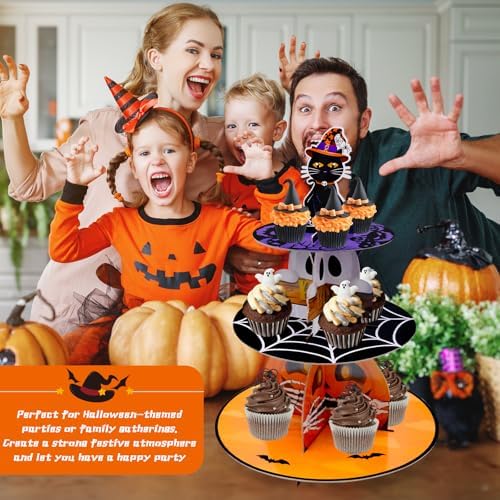 Halloween Cupcake Stand - 3 Tier Cupcake Tower Hhalloween Black Cat Pumpkin Ghost Decorations Dessert Holder for Table Display Party Decor