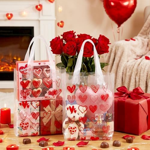 Pajean 25 Pcs Red Heart Plastic Gift Bags with Handles, 5.9 x 8.7 x 3.1 Inch Heart Design PE Treat Bags, Red and Pink Candy Goodie Pouches for Classroom Exchange, Party Favor, Wedding Supplies