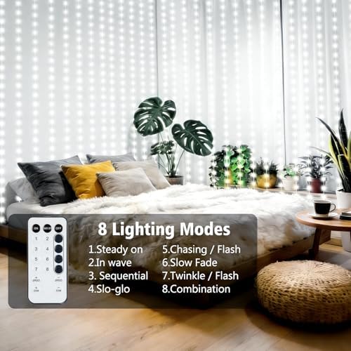 echosari Curtain Lights Battery Operated 9.8 x 9.8Ft with Timer Cool White