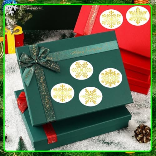 500Pcs Christmas Stickers Roll for Cards 6 Designs Gold Foil Snowflake Stickers Clear Xmas Winter Holiday Round Adhesive Label Stickers Decal for Xmas Envelopes Invitations Cards Gifts Decor