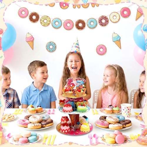 SiliFine Ice Cream Drip 6 7 Birthday Decoration 3 Tier 67 Cupcake Stand I was 6 Now I'm 7 Birthday Party Decorations 6 7 Dessert Tower for 7th Donut Ice Cream Party Celebration Supplies (67)