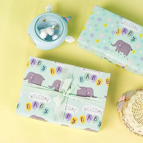 MAYPLUSS Baby Shower Wrapping Paper - 17" X 120" Per roll - Cute Little Boy Green Elephant Animal Design Birthday Joyful Celebration Gift Wrapping Paper for Baby Shower, Party, New Baby Birth