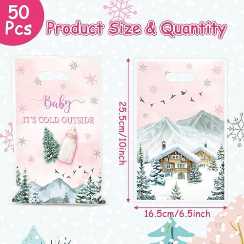 Haooryx Winter Camp Gift Bag - 50Pcs Pink Winter Wonderland Snowflake Adventure Plastic Pack Happy New Year Holiday Gift Wrap Presents Party Favor Goodie Bags Handles Bulk Gifts Wrapping Reusable Tote