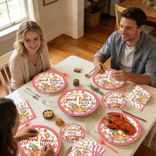 EUOYUFO 96Pcs Crawfish Boil Party Supplies Tableware Set Let The Good Times Boil Paper Plates Napkins Forks Lobster Seafood Boil Birthday Theme Party Supplies Serve 24 Guests