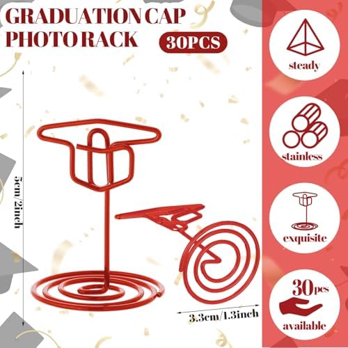 Rtteri 30 Pcs Grad Cap Graduation Picture Display 2 Inch Red Photo Holders for Centerpieces Graduation Card Stands Table Number Holders for Class of 2026 Grad Party Supplies
