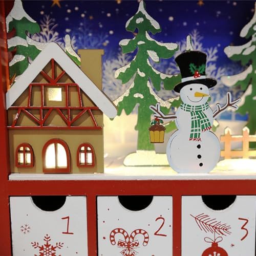 Christmas Wooden Advent Calendar Book with LED lighting Red Color Christmas Snowman & Santa Countdown Holiday Gifts with 24 Drawers Adults Kids Home Decoration