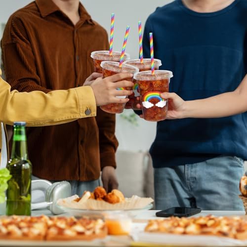 Whaline 50 Pcs 12 Oz Pastel Rainbow Disposable Plastic Cups with Lids and Straws Colorful Cold Beverage Drinking Cups for Birthday Baby Shower Party Supplies