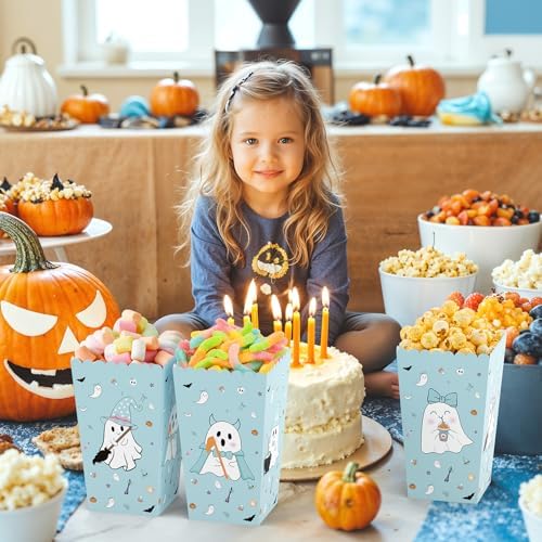 K KUMEED 24 PCS Halloween Popcorn Favor Boxes, Cute Ghost Popcorn Bowls, Blue