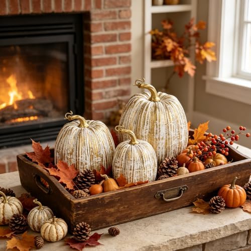 winemana Gold Pumpkins Fall Decor Large Artificial Foam Pumpkin, 3 Pack