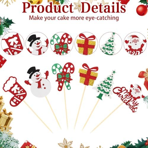 Christmas Cupcake Toppers Cake Decorations, 24 PCS Merry Christmas Cake Topper, Glitter Santa Clus Snowman Xmas Tree Decorative Cupcakes Ficks Food Picks for Xmas Holiday Party Decoration Supplies