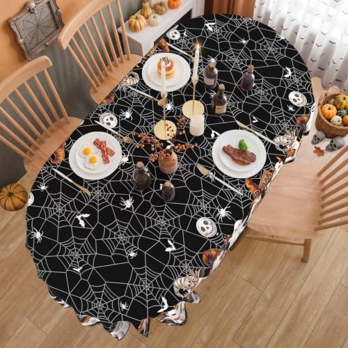Black Halloween Tablecloth Oval 52x70 Inch, Washable Fabric Spider Web Ghost Table Cloth Oval Halloween Tablecloth Table Cover for Kitchen Dining Party