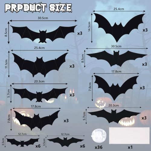 36 PCS LED Purple Lighted 3D Bats Halloween Decoration,5 Sizes & 4 Shapes