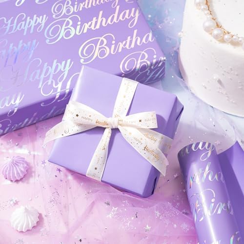 WRAPAHOLIC 30 Inch Reversible Birthday Wrapping Paper - 30 Inch x 33 Feet - Puprle and Silver Foil Happy Birthday Wrapping Paper for Girls, Women, Kids, Baby Shower