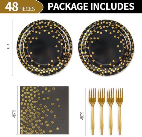 48PCS Black and Gold Plates and Napkins Party Supplies, Gold Dot Disposable Paper Plates and Napkins with Forks Tableware Set for Birthday Wedding Retirement Graduation Party Decorations 16 Guests