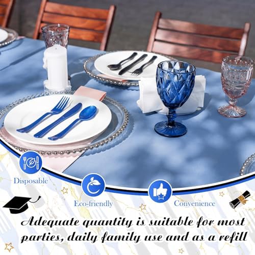 Minatee 180 Pcs Black and Blue Graduation Plastic Silverware Heavy Duty Cutlery Sets Disposable Utensils for Holiday Birthday Themed Party Supplies, 60 of Each Forks Knives Spoons