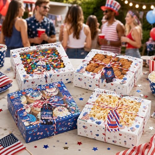 FCKLVMC 12 Pcs 7 X 7 In 4th Of July Treat Boxes with Window, Fourth Of July Gift Goodie Boxs with Card for Veterans Day Memorial Usa National Patriotic Day Party