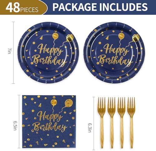 48PCS Happy Birthday Plates and Napkins Party Supplies, Blue and Gold Disposable Paper Plates and Napkins with Forks Tableware Set for Birthday Party Decorations 16 Guests (Pack of 2)