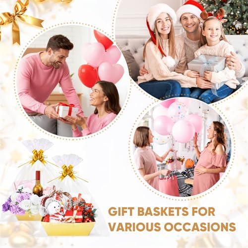 AFOROEOA 6 Pack Gold Baskets For Gifts Empty, 10x8" Thick Paper Basket with 6 Clear Bags and 6 Gold Bows, Empty Gift Baskets for Christmas Valentine Easter Birthday Anniversary Luxury Wrapping