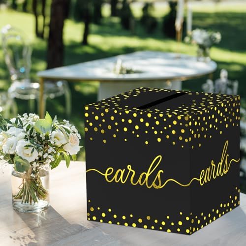 QISOLIY Black Card Box for Party with Gold Foil Dots, 8.7" Gift Card Holder and Money Box for Wedding, Baby Shower, Birthday, Graduation, Retirement, Anniversary Decorations
