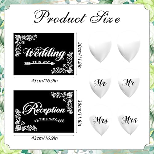 2 Pcs Wedding Reception Signs with 6 White Balloons, Set of 2 Double-Sided Directional Arrow Yard Signs with Metal Stakes, Waterproof Plastic Outdoor Decor Kit for Ceremony and Parking