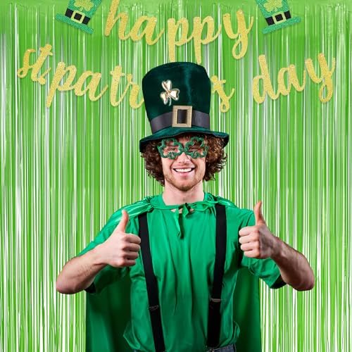 Lime Green Streamers Party Backdrop - GREATRIL Tinsel Curtain for St Patrick's Day/Frog/Wizard - 3.2ft X 8.2ft - 2 Packs