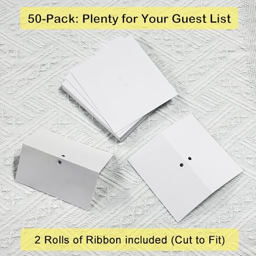 50Pcs Premium Place Cards, Small Table Cards with Blue Ribbon, 2" x 3.5" Tent Card, Name Card, Wedding Place Cards for Wedding, Valentines Day, Table, Dinner Parties, Seating Card