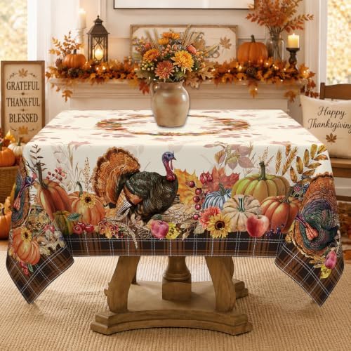 Thanksgiving Tablecloth Square 60x60 Inch, Stain Resistant Machine Washable Fabric Polyester Turkey Harvest Table Cloth Square Thanksgiving Tablecloth Table Cover for Kitchen Dining Party