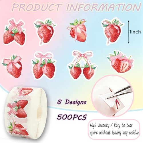 500PCS Fruit Stickers Rolls 8 Styles Strawberry Sticker 1in Self-Adhesive Waterproof Vinyl Stickers Decor for Birthday Party Envelopes Scrapbook Decorations