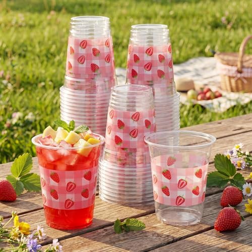 Funnymoom 60 Pack Strawberry Plastic Cups for Party Decorations, 12 oz