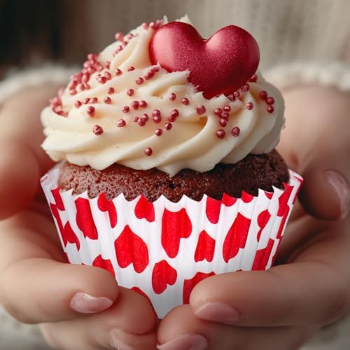 JarThenaAMCS 300 Pcs Valentine Cupcake Liners Red Heart Baking Cups Red White Standard Muffin Cupcake Wrappers For Anniversary Wedding Party Supplies