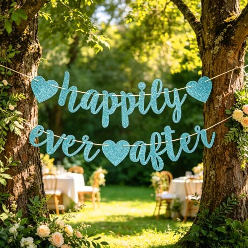 Happily Ever After Glitter Bunting Banner, Engagement, Bridal Shower, Wedding Party Photo Booth Props Signs,Pre-Strung Cursive Bunting (Blue)
