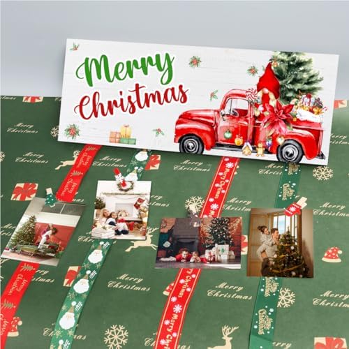 Christmas Card Holder,Christmas Hanging Sign Display,Tree Gift Card Holder,Merry Christmas Wooden Sign Picture Holder with 30 Clips for Xmas Home Party Holiday Wall Decor