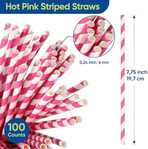 7.75 inch Hot Pink Striped Paper Straws for Drinking - Unwrapped, 100 Counts - for Party, Wedding, Cocktail, Beverage