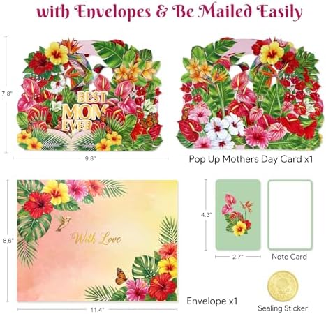 D4DREAM Pop Up Birthday Cards for Women, Tropical Hibiscus & Hummingbird