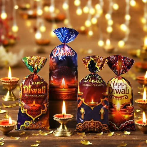 Yexiya 100 Pcs Diwali Halloween Cellophane Treat Bags with Ties