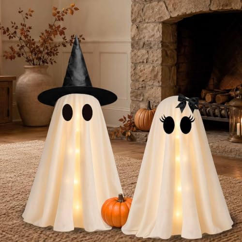 2 Pack 24 Inch Halloween Ghost Decorations, Light Up Ghosts with Witch Hats, DIY Spooky Ghost Decor with LED Lights for Porch Yard Lawn Garden Home Halloween Party