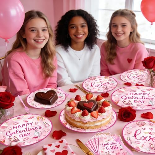 EUOYUFO 96Pcs Pink Galentine Party Decorations Tableware Set Happy Galentine's Day Paper Plates Napkins Forks Galentines Valentines Day Theme Party Supplies Serve 24 Guests