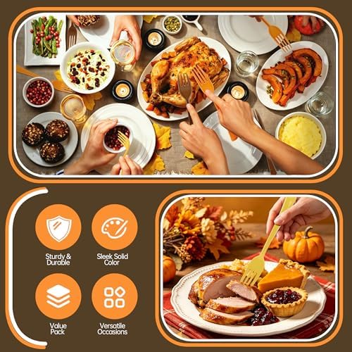 Kochorie 180 Pcs Fall Plastic Forks Thanksgiving Disposable Silverware Heavy Duty Plastic Cutlery Set Heat Resistant Utensils Flatware for Birthday Thanksgiving Party Supplies, Yellow, Orange, Brown