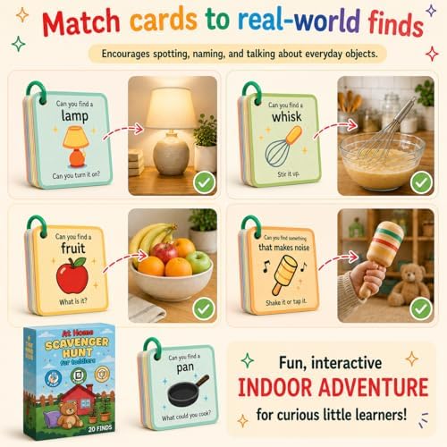 Indoor Scavenger Hunt Cards for Toddlers Ages 3-5, Screen-Free Montessori Learning Game & Educational Flash Cards, At-Home Activity, 20 Double-Sided Cards on a Safe Ring
