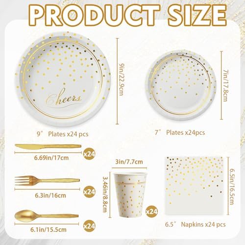 168Pcs White and Gold Paper Plates and Napkins Party Supplies for 24 Guest
