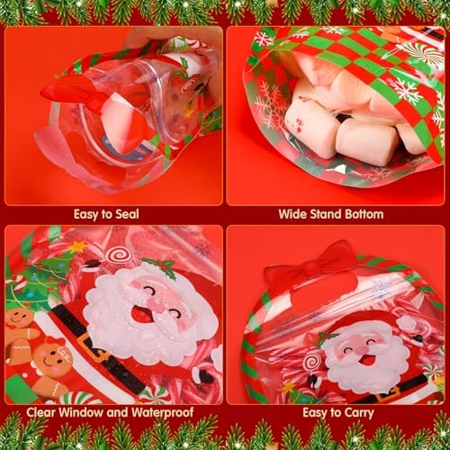 Fuutreo 50 Pcs Christmas Gift Bags, Clear Santa Resealable Plastic Pouches