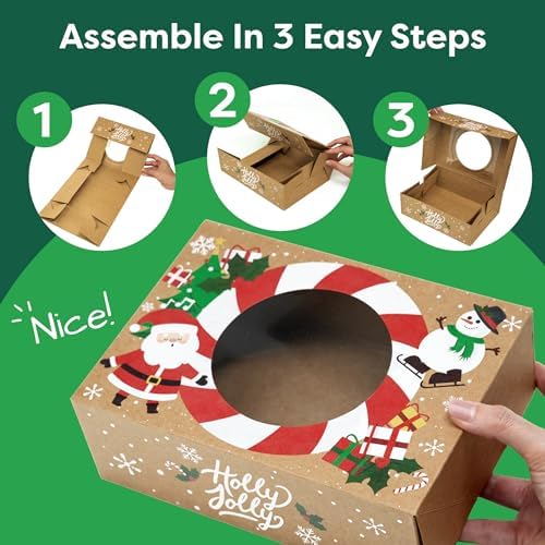 Christmas Cookie Boxes for Gift Giving - 12 Kraft Christmas Cookie Tins With Lids - Sturdy Christmas Treat Boxes, Christmas Tins - Festive Christmas Cookie Box Packaging - Cookie Boxes with Window