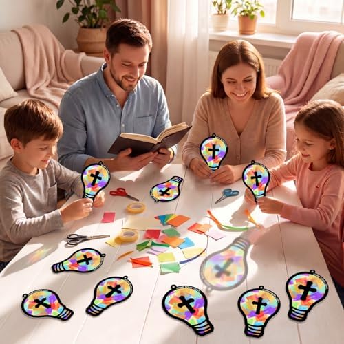 Renbuzhu 48PCS Sunday School VBS Crafts Bulk: Paper Lightbulb Cross Nativity Suncatchers, Jesus Religious Christian Activity DIY Kits Church Decorations, Window Stained Glass Effect Art Supplies