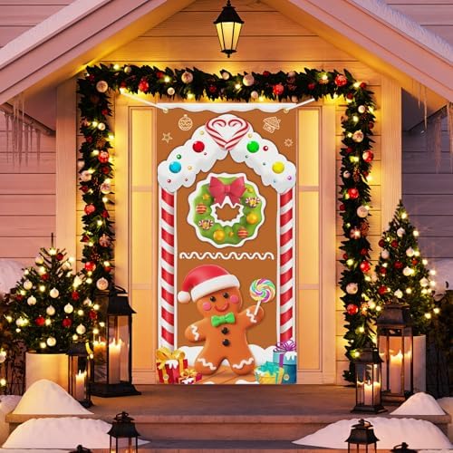 Christmas Door Cover Gingerbread Man Decoration Xmas Large Photography Background Banner Porch Sign for Winter Ginger Bread House Indoor Outside Front Door Banner Farmhouse Party Supplies 6 x 3 Feet
