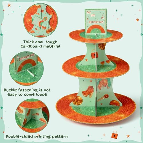 Happy Birthday Cupcake Stand - 3 Tier The Life of A Birthday Girl Dessert Holder Girl's Birthday Party Cardboard Cake Stand Orange Glitter Cupcake Display for Girls Women Party Decorations