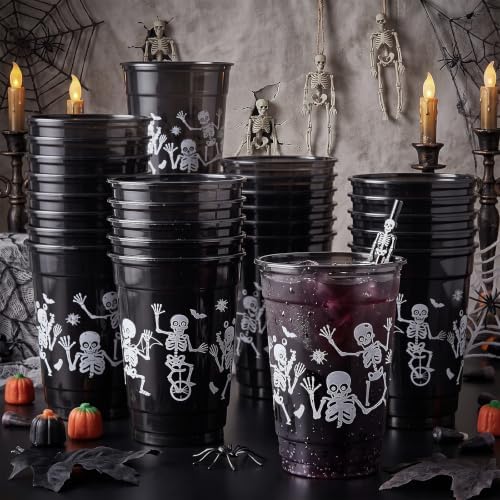 Vesici 50 Pcs Halloween Skeleton Plastic Cups 12 oz Disposable Black Cups