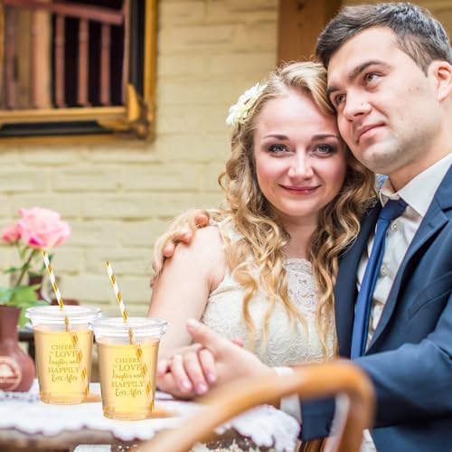 Funnymoom 50 Sets Wedding Plastic Cups with Lid and Straw Cheers to Love 16 oz Disposable Cup Clear Cold Beverage Drinking Glasses Bulk for Wedding Reception Bridal Shower Engagement Party Decoration